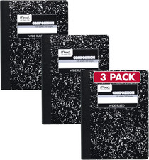 Composition Notebook, 3 Pack, Wide Ruled Paper, 7-1/2" x 9-3/4", 100 Sheets per
