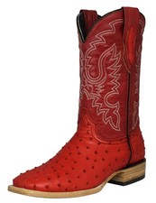 Mens Western Cowboy Boots Red Ostrich Quill Print Leather Square Botas Hombre