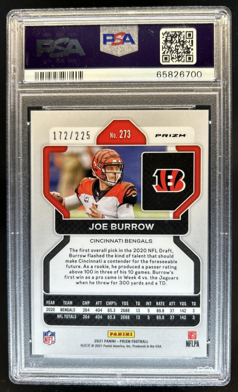 2021 Panini Prizm Joe Burrow Purple Ice #/225 Bengals PSA 9 view 2
