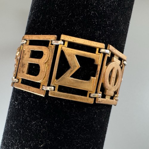 Vintage Beta Sigma Phi Sorority Bracelet Rose Torch Panels Gold-tone Silver - Picture 5 of 12