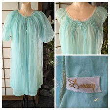 Vtg 60s Dorsay Seafoam Smocking Chiffon Peignoir Set Dressing Gown Robe Sz M