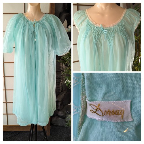 Vtg 60s Dorsay Seafoam Smocking Chiffon Peignoir Set Dressing Gown Robe Sz M