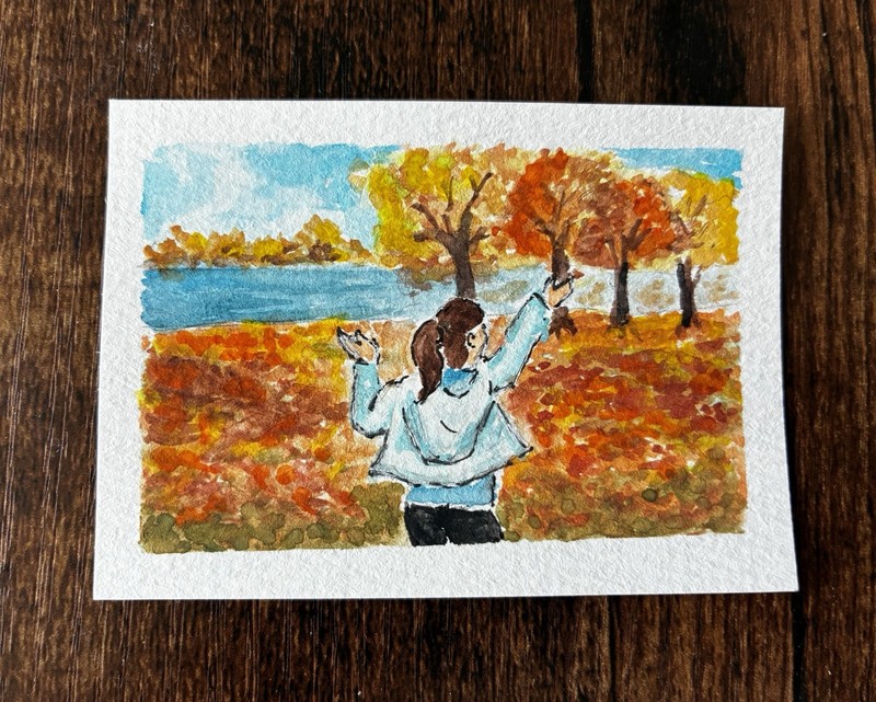Fall Leaves. ACEO watercolor landscape. Tiny art. Kelly Ospina.
