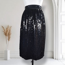 Vintage Cache Black Sequin Silk Midi Skirt 90s Minimal Glam Party Sz 4