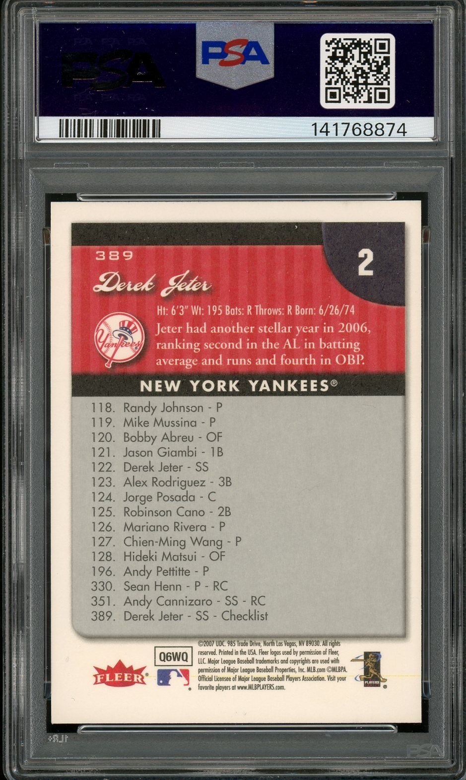 2007 FLEER #389 DEREK JETER YANKEES HOF PSA 10 GEM MINT view 2