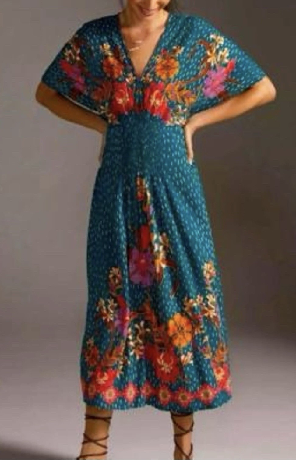 Bl^nk London Anthropologie Tatiana Floral Smocked Kaftan Midi Dress One Size