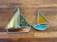 Two Stained Glass Sailboats Window Sun Catchers Wall Hanging Leaded Vintage Art