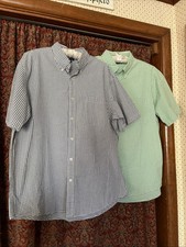2 Lands End Seersucker Shirts Men's L Checks Button Down 100 Cotton Excellent