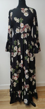 BOOHOO Maxi Dress UK14, Ruffle Hem and Sleeve, Black, Floral Pattern, NEW!