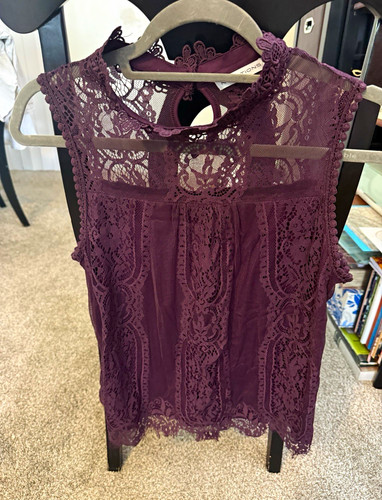 Notations Women's Purple Floral Lace Sheer Mock Neck Sleeveless Blouse M