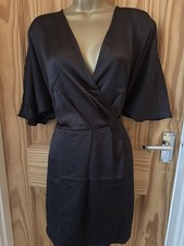 H&M Ladies Mini Short  Dress Size M Lagenlook Black Satin Wrap Style Summer New!