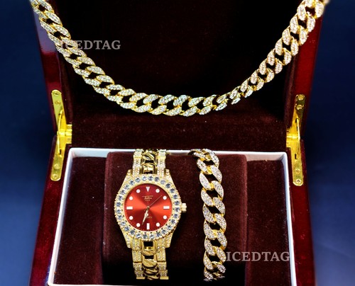 HIP HOP EIS GOLD PT ROTES ZIFFERBLATT LABOR DIAMANT BLING-ED OUT UHR, HALSKETTE, ARMBAND - Bild 11 von 11