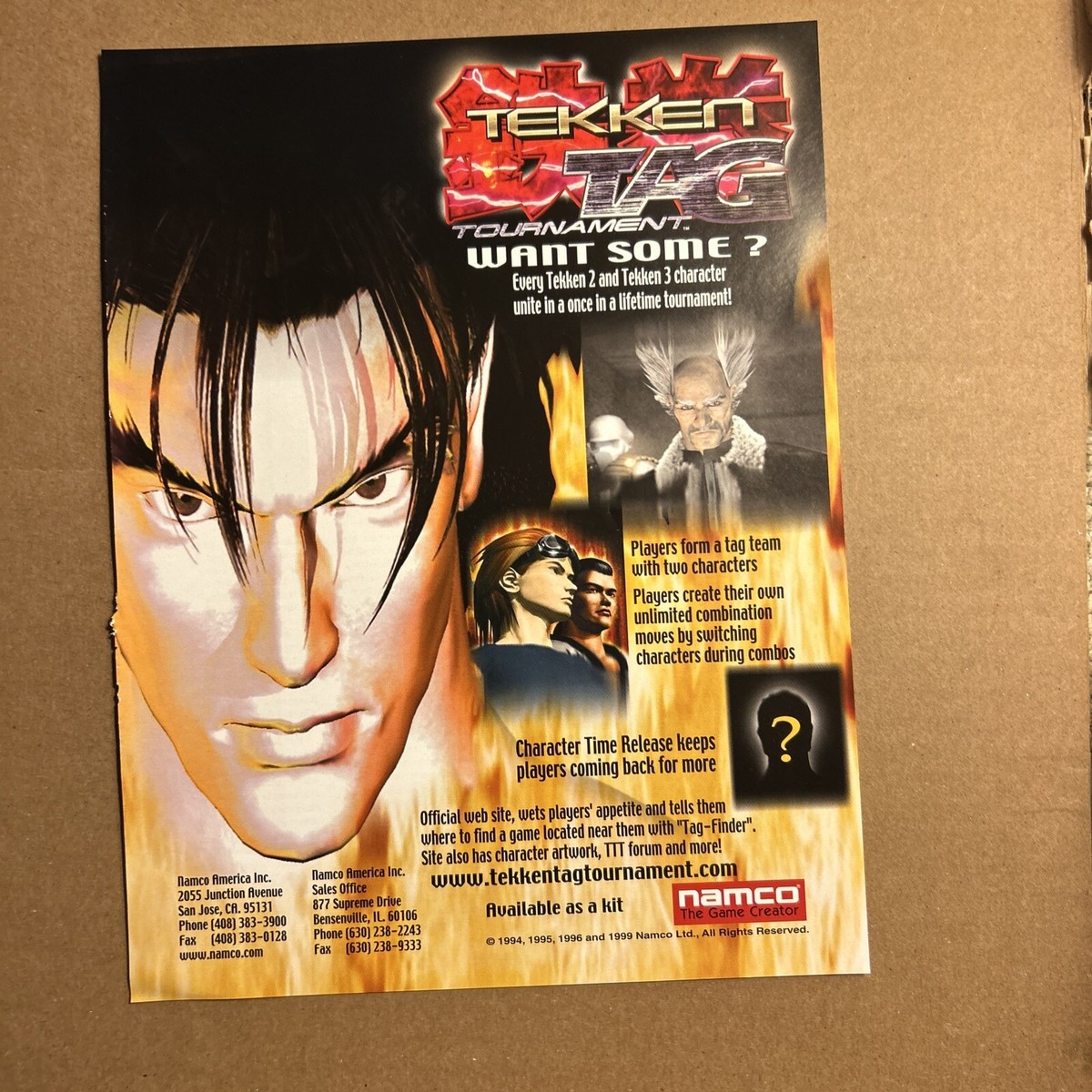 original 11- 8” 1999 Tekken Tag Tournament Namco arcade video game