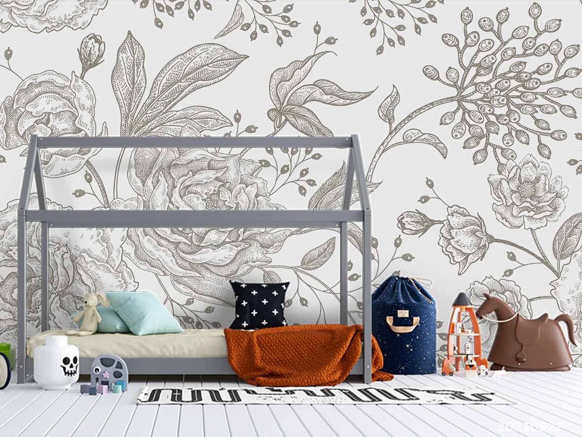3D Hand Drawn Grey Floral Wall Murals Wallpaper Murals Wall Sticker 122