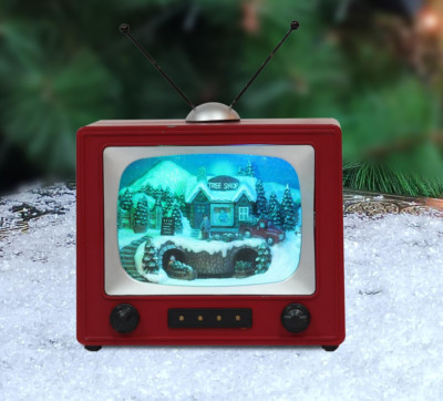 6'' H Red Retro TV with Mountain Scene (Animated Train) - LED Lights - 8 Classic 