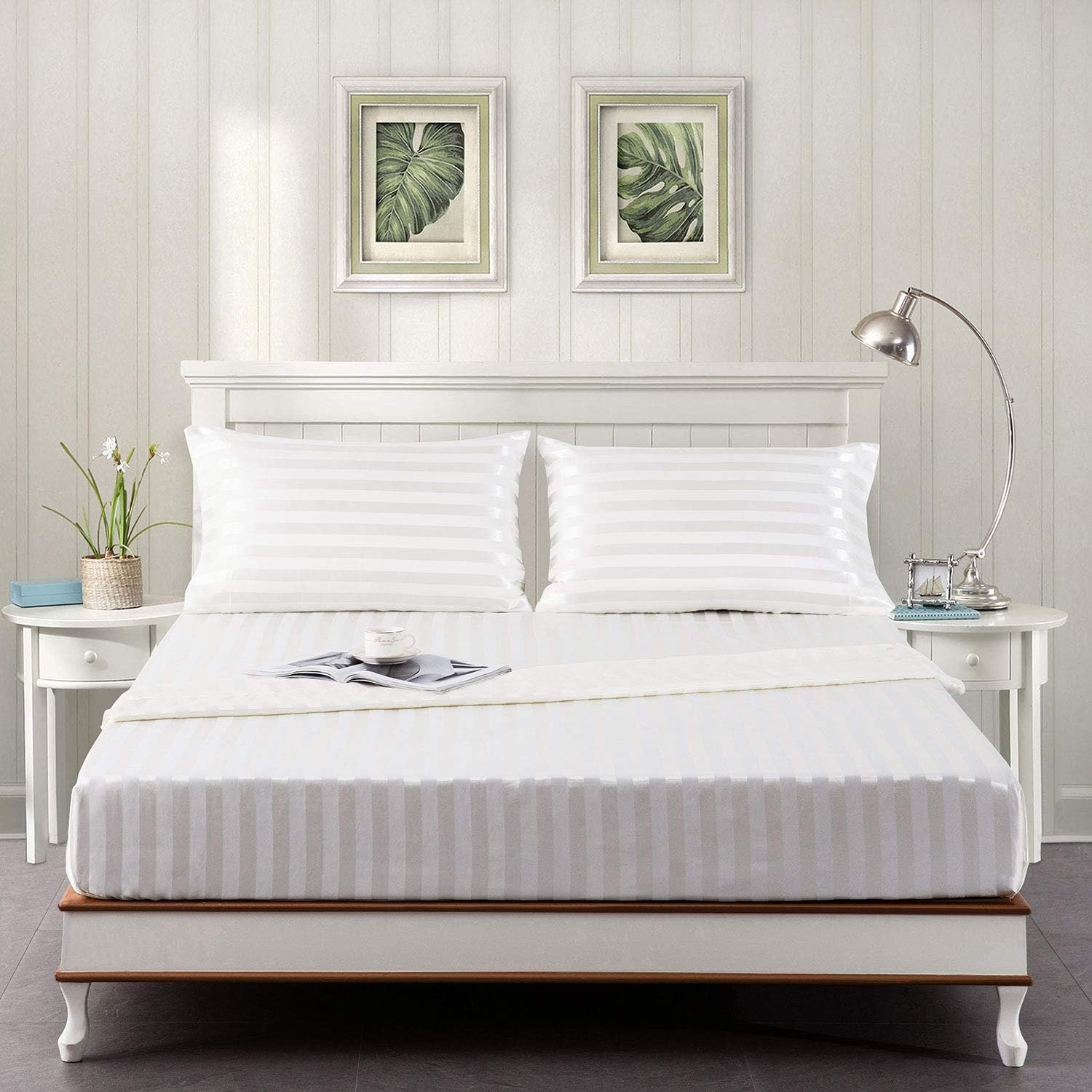 Satin-Silk Sheets King Size Bed Set, Ivory White Soft Cooling Deep Pocket King S