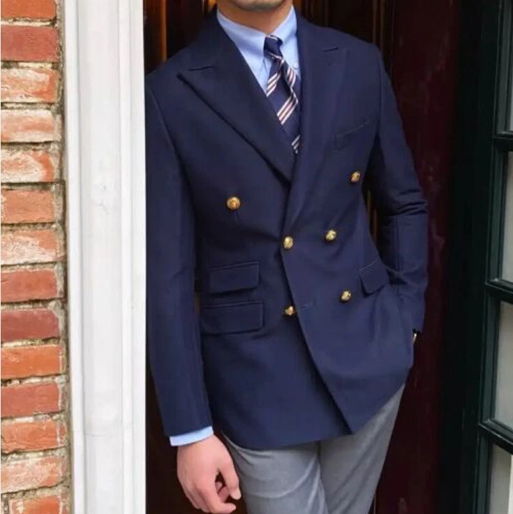 Navy Blue Men Suits Double Breasted Formal Blazer Tailored Vintage Coat Customed