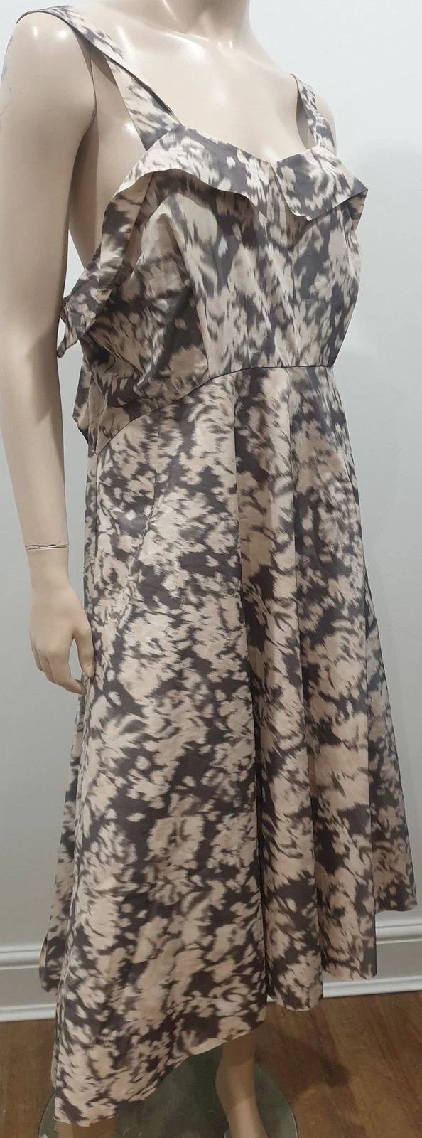 ACNE STUDIOS Abito ACNE panna e marrone sbavature stampa astratta senza maniche linea A lunghezza polpaccio 38