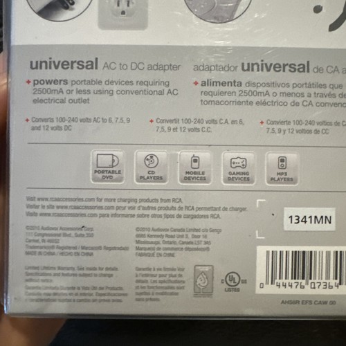 RCA AH56R Universal AC to DC Portable Power Adapter 2500 mA, 100-240 Volts (138) - Picture 7 of 7