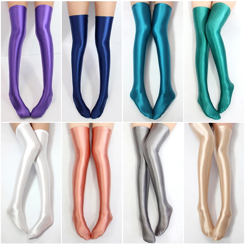 Medias MJINM Sexy Aceite Brillante Spandex Elastizadas Opacas Calcetines Hasta el Muslo Foto 2 de 4