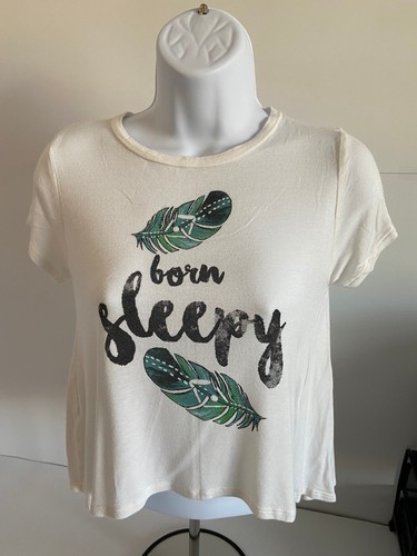 Grand tee-shirt blanc graphique fille People's Project PPLA 14-16 « Born Sleepy » joli - Photo 1 sur 3