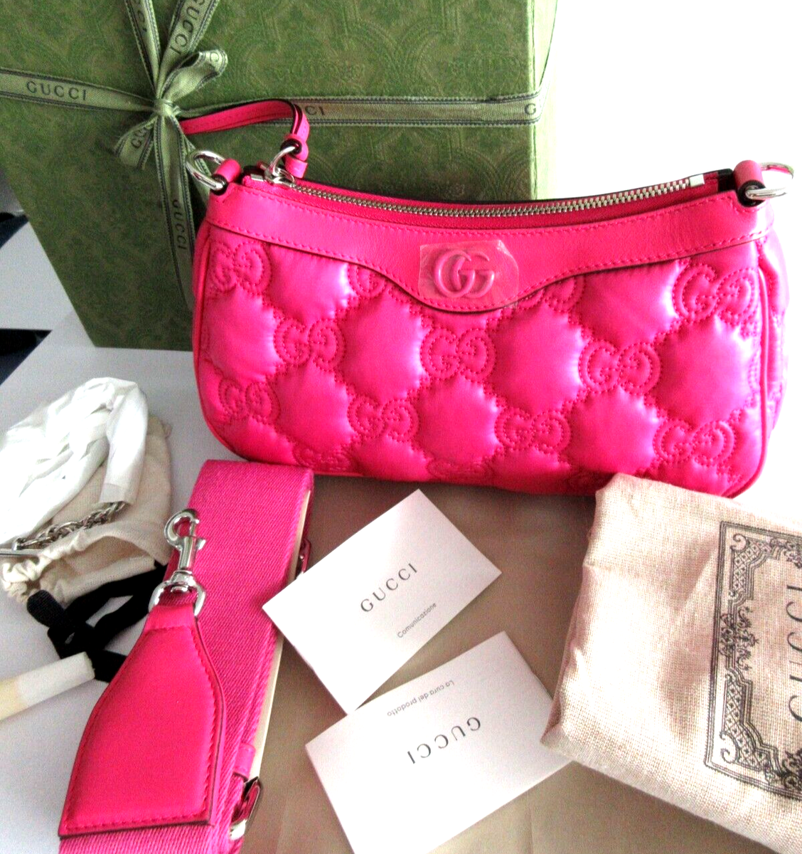 NEW GUCCI GG MATELASSÉ NYLON HANDBAG WITH CHAIN AND CANVAS STRAPS