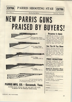 1953 PAPER AD New Model Parris Training Rifle Super Trainerifle Clicker Toy Gun