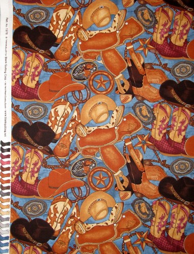 Cowboy Saddle Hat Blue Fabric My Hero Wears Boots Cotton Blank Textiles Yard - Picture 2 of 2