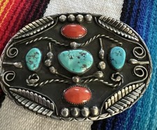 Native American Turquoise Coral 5 Stone Sterling Silver Leaves Belt Buckle 87g