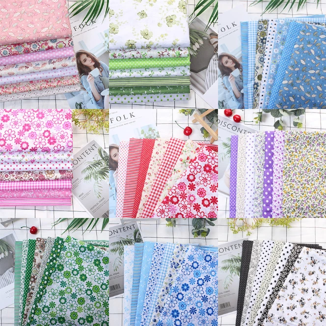 7pc Cotton Fabric DIY Assorted Squares Pre-Cut Quilt Quarters Bundle 25*25cm  - Image 2 of 4
