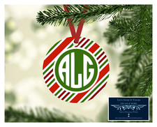 MONOGRAM INITIALS METAL CHRISTMAS ORNAMENT PERSONALIZED - RED STRIPES - DESIGN 6
