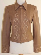Escada Soft Brown Gold Stud Upon Leather Like Applique Zip-Up Jacket Sz 36 S