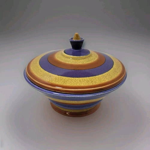 Wächtersbach Ceramic Lidded Bowl Stripped Yellow Blue Orange Art Deco 1920's 