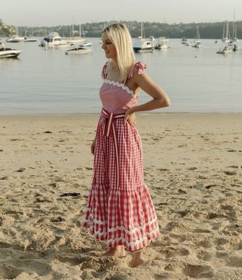 Binny Dress Red Gingham Plaid Midi Tiered Sundress With Waist Tie Sz AU 12/ US 8