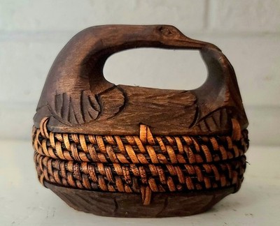 4'' Vintage Handmade Indonesian Woven Rattan Carved Wood Basket Swan / Duck w/Lid