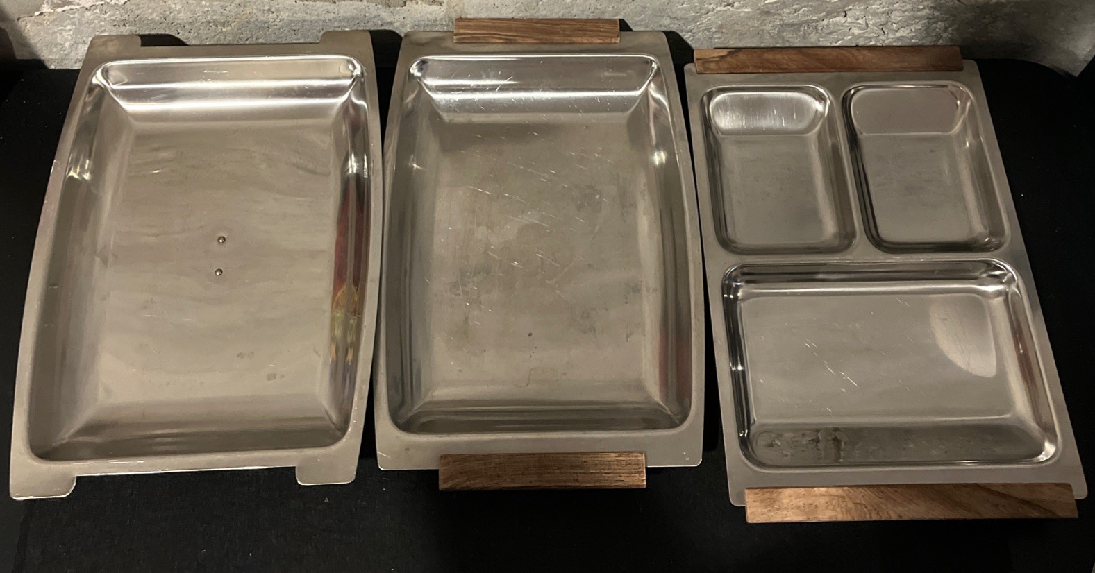 MCM Vtg Kalmar Stainless Steel & Teak Wood Serving Trays + Lid - 3 Piece Set