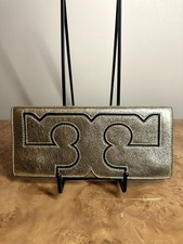 Tory Burch Metallic Gold Leather Logo Envelope Clutch Oversized Double T