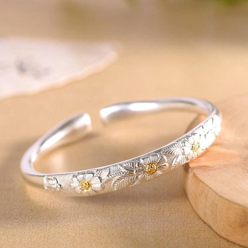 999 Fine Silver Sunflower Bangle Matte Traditional Finish Open Express Ship - Image 2 of 4