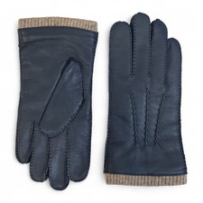 Men’s Navy Blue Italian Leather Warm Wool Lining Riding Driving Casual Gloves
