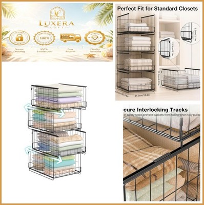 NEW 4-Tier Stackable Closet Organizer Storage Shelves Foldable Wire Baskets