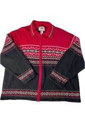 Tiara International Size 22/24 Cardigan Sweater Red Black Fair Isle Zip Up