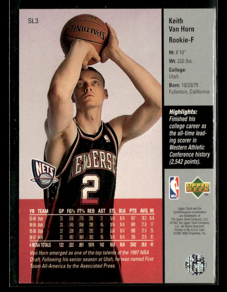 Keith Van Horn 1997 Kenner/Topps/Upper Deck Starting Lineup Card #SL3 - Image 2 of 2