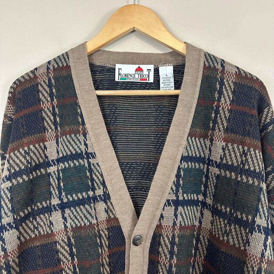 Cárdigan vintage Florence tricot mezcla de lana abuelo suéter multicolor a cuadros Foto 3 de 4