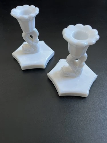 Vintage Pair of Westmoreland Milk Glass Dolphin Koi Fish Candle Holder