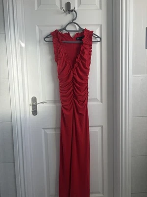 ZARA Red Ruched Ruffle V-Neck Sleeveless Long Maxi Dress Size XS - Image 1 of 4