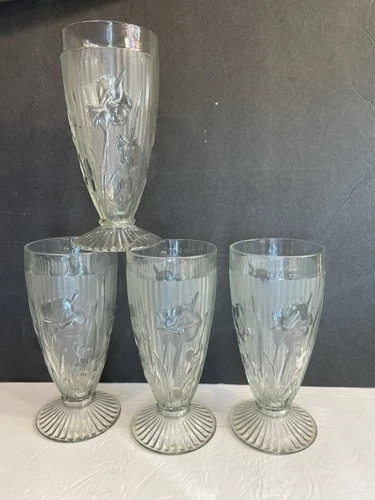 Jeanette Iris&Herringbone Clear Footed Water/Iced Tea Tumblers/Glasses-Set of 4