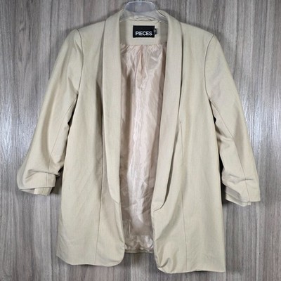 PIECES PCBOSS Damen 3/4 Arm Blazer Gr. L Large Beige Weiß Pfeffer Jacke