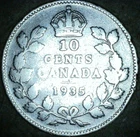 1935 Canada 80% Silver 10 Cents King George V Circulated Canadian Dime