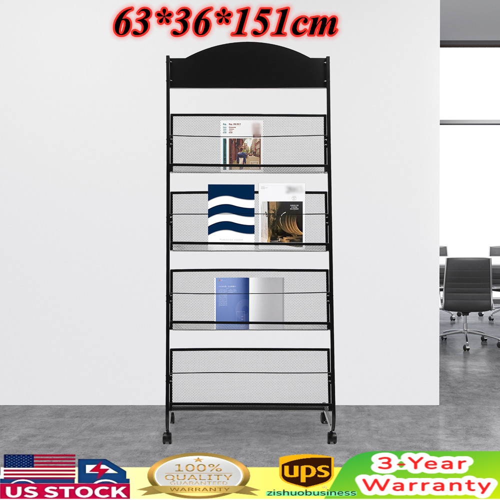 4-Tier Metal Wheeled Magazine Rack Newspaper Brochure Storage Display Stand