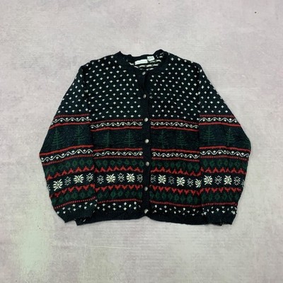 Vintage Strickjacke Abstrakt Baum Muster Strickpullover Damen XL